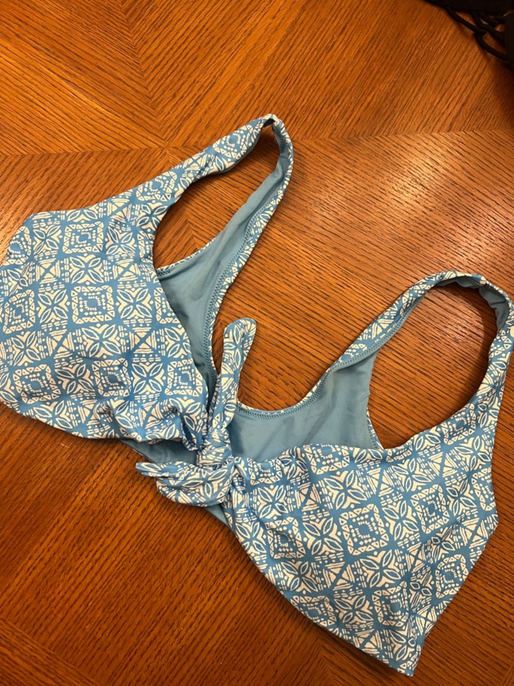 O'Neill Blue and White Printed Swim Top with Logo Accent front tie B19